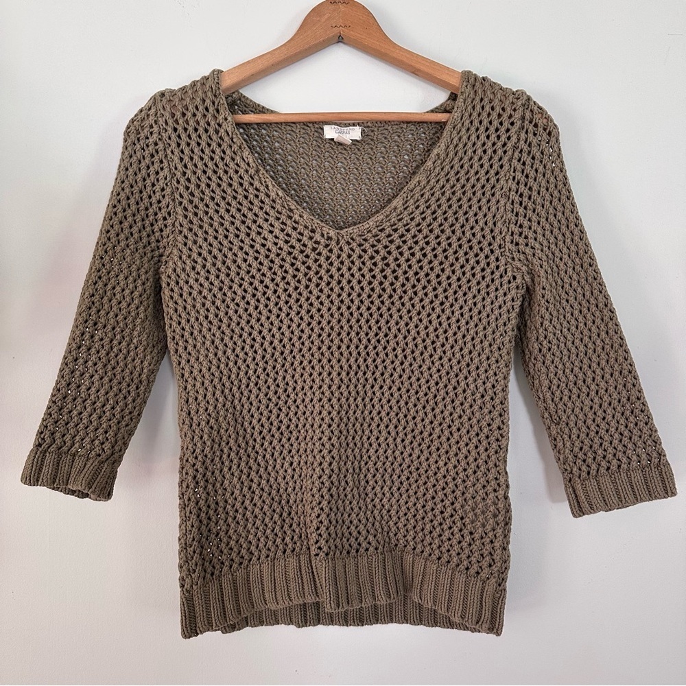 Lands End Canvas Olive Army Green V-Neck Open Knit Sweater Women’s Size Medium